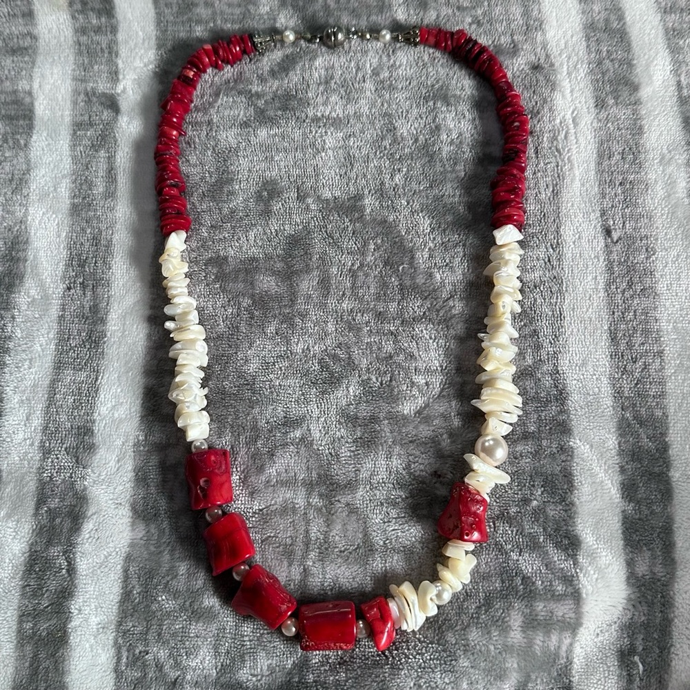 Chucky Statement Necklace 26” Long Red Coral Shells Pearls Magnetic Clasp - Picture 15 of 15
